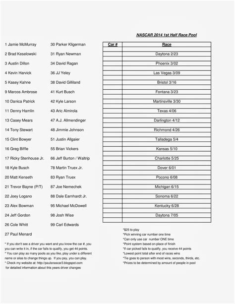 NASCAR Pool Sheets